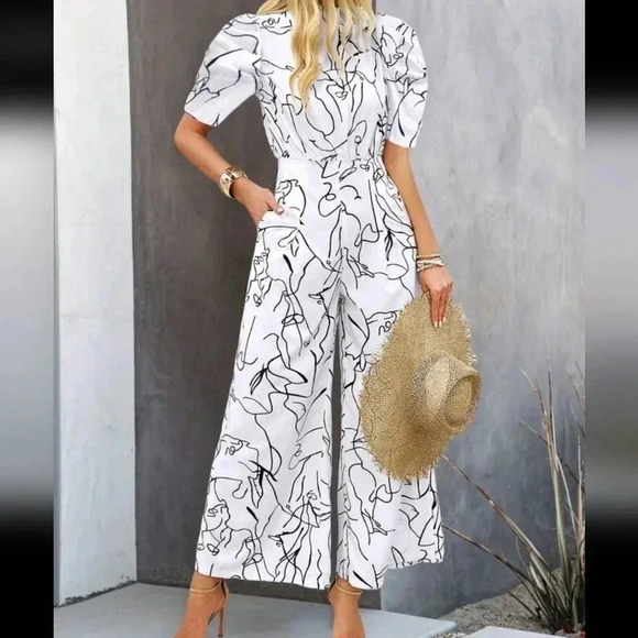 Ladies' Stand Collar Bubble Sleeve Printed Jumpsuit - Picture 1 of 5